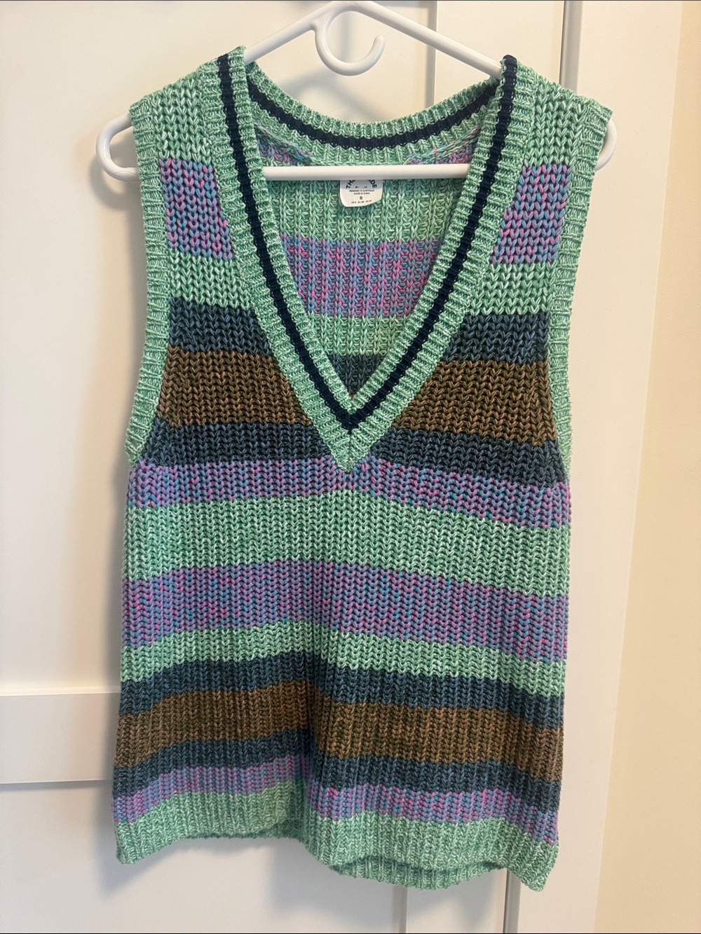 The Upside Mint Striped V-Neck Sweater Vest with Lavender, Navy & Brown